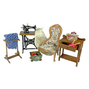 Sewing Room Miniature Vtg Hennig Machine Table Chair Blanket Rack + More 1:12